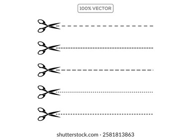 Set of cutting line with scissors icon isolated on a transparent or white background, vector illustration.