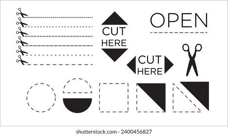 Set of cutting lines and geometric dashed objects with scissors. Vector design templates for paper cut, coupons, discount sections