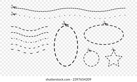 Set of cutting lines and geometric shapes. Vector icons. Scissors with dashed stripes isolated on transparent backdrop