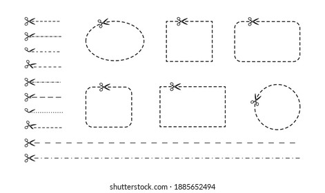 Set of cutting scissors with cut lines for cutting paper in flat style. Cut out sign, symbol, icon. Cut out place. Paper cut black card. Discount coupon. Black shape silhouette sign.