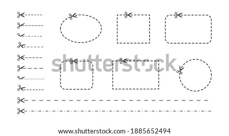 Set of cutting scissors with cut lines for cutting paper in flat style. Cut out sign, symbol, icon. Cut out place. Paper cut black card. Discount coupon. Black shape silhouette sign.