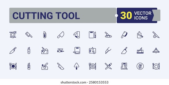 Set of Cutting Tool line icons. Containing knife, cutlery, steel, silhouette, napkin, table, equipment, cooking. Simple icon designs. Solid line editable stroke.