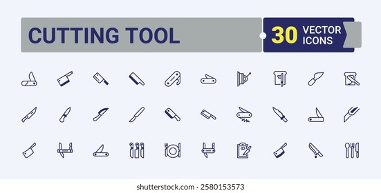 Set of Cutting Tool line icons. Containing knife, cutlery, steel, silhouette, napkin, table, equipment, cooking. Simple icon designs. Solid line editable stroke.