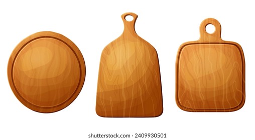 Set of cutting wooden board for chop, pizza and meat. Kitchen cartoon old shield. Vector plank for food isolated on white background