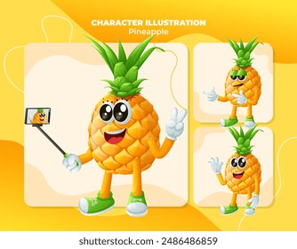 Set of cuute pineapple characters as narcissistic. Perfect for kids, merchandise and sticker, banner promotion
