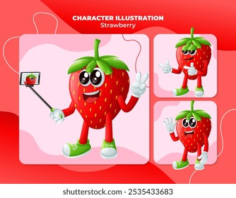 Set of cuute strawberry characters as narcissistic. Perfect for kids, merchandise and sticker, banner promotion
