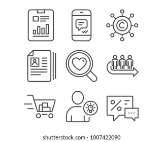 Set of Cv documents, Queue and User idea icons. Shopping cart, Copywriting network and Report document signs. Search love, Message and Discounts symbols. Portfolio files, People waiting, Light bulb