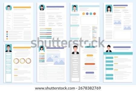 Set of CV documents resume in different styles, Flat design paper sheet.