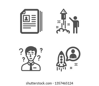 Set of Cv documents, Support consultant and Fireworks icons. Startup sign. Portfolio files, Question mark, Party pyrotechnic. Developer.  Classic design cv documents icon. Flat design. Vector