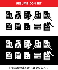 Set of CV, Resume profile related Vector block Icons. Contains such Icons as Portfolio, curriculum vitae, job applicant, screening employee concept icon