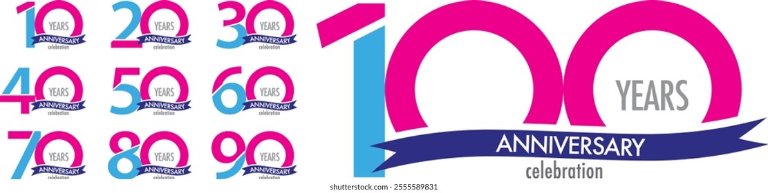 set of cyan and magenta color number 10 20 30 40 50 60 70 80 90 and 100 with words years anniversary celebration in the bottom, isolated on white background.