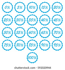 Set of cyan percent % sign vector illustrations with scalloped sunburst seal sticker background for retail marketing or percentage price reduction sale