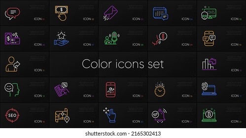 Set of Cyber attack, E-mail and Refer friend line icons. Include Decreasing graph, Move gesture, Text message icons. Seo, Computer fingerprint, Bitcoin web elements. Time, Credit card. Vector