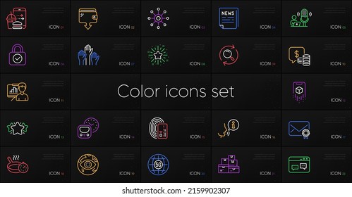Set of Cyber attack, Fake news and Frying pan line icons. Include Wholesale goods, Presentation board, Twinkle star icons. 5g internet, Multichannel, Security lock web elements. Vector