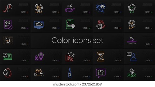 Set of Cyber attack, Give present and Oil drop line icons. Include Users chat, Champagne, Cloud storage icons. Certificate, Puzzle, Business idea web elements. Dog vaccination. Vector