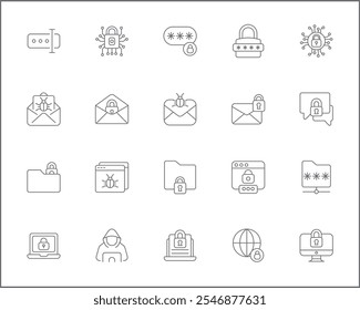 Set of Cyber Attack Icons line style.Contains such Icons as cyber security, bug, protection, virus, hacking, bug, antivirus, cyber lock, network, spam, spy And Other Elements.