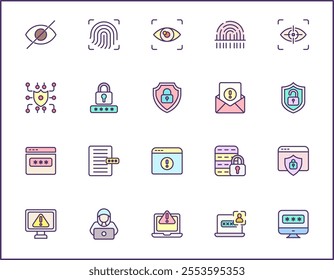 Set of Cyber Attack Icons line style.Contains such Icons as cyber security, bug, protection, virus, hacking, bug, antivirus, cyber lock, network, spam, spy And Other Elements.