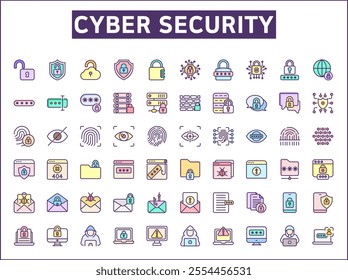 Set of Cyber Attack Icons line style.Contains such Icons as cyber security, bug, protection, virus, hacking, bug, antivirus, cyber lock, network, spam, spy And Other Elements.