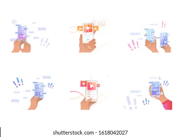Set of cyber bullying. Flat vector illustrations of phone in hands with abusive messages on screen, users rate. Internet hate concept for banner, website design or landing web page