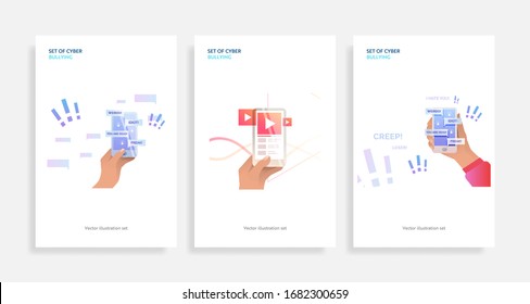 Conjunto de ciberacoso. Ilustraciones vectoriales planas de teléfono en manos con mensajes abusivos en pantalla, los usuarios califican. Concepto de odio a Internet para banner, diseño de sitio web o página web de destino