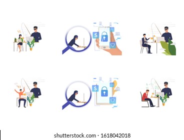 Set of cyber burglars breaking private info. Flat vector illustrations of cyber criminal hacking into digital devices. Hacker attack concept for banner, website design or landing web page