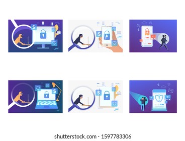 Set of cyber burglars hacking into devices. Flat vector illustrations of hackers breaking private info. Hacker attack concept for banner, website design or landing web page