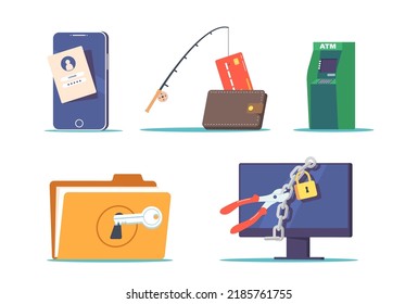 Legen Sie Cyber-Kriminalität fest. Computer-Bildschirm mit Cutters Cut Padlock, Kreditkarte auf Rod, ATM, Ordner mit Schlüssel, Smartphone mit Benutzerinformationen. Phishing und Hacker Attack Konzept. Cartoon-Vektorgrafik