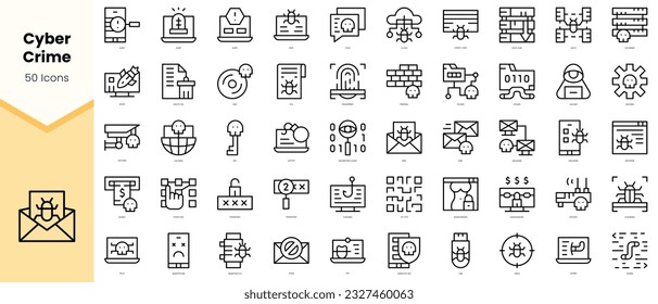 Set of cyber crime Icons. Simple line art style icons pack. Vector illustration