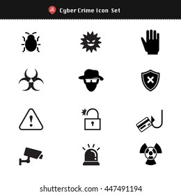 Set Of Cyber Crime, Virus Digital Protection Hacker Attack Icons