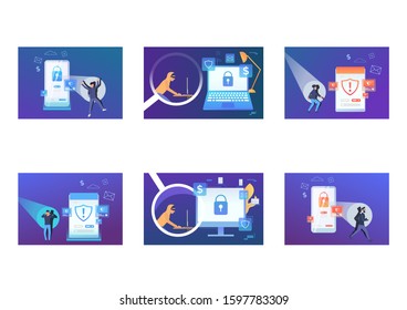 Set of cyber criminal hacking into digital devices. Flat vector illustrations of hackers breaking private info. Hacker attack concept for banner, website design or landing web page