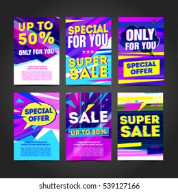 Set Cyber design template banner, card, postcard for super sale. Bright colorful geometric abstract poster for  advertising. Symbol with glitch decoration for best offer. Sale label for ads. Vector. 