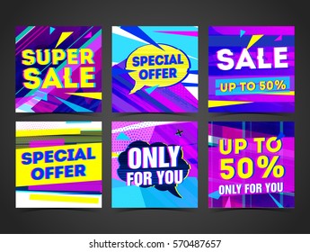 Set Cyber design template banner, card, postcard for super sale. Bright colorful geometric abstract poster for advertising. Symbol with glitch decoration for best offer. Sale label for ads. Vector. 