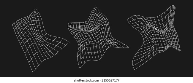 Set of cyber distorted grids, retro punk design elements. Wireframe wave geometry mesh on black background. Vector illustration.