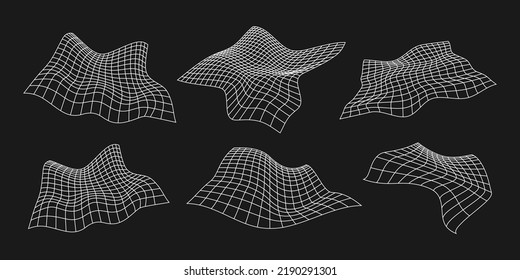 Set of cyber distorted grids, retro punk design elements. Wireframe wave geometry mesh on black background. Vector illustration.