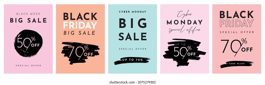 Set of Cyber Monday and Black Friday Sale Templates. Vector Illustrations with Brush Stroke Effect. Isolated Elements. Great for Social Media Post, Promotion, Advertising, Newsletter, Poster or Flyer.