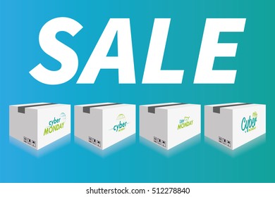 Set of cyber monday boxes on a blue background, Vector illustration
