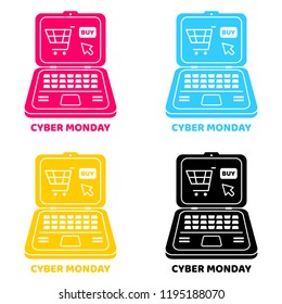 Set Cyber Monday design. Vector laptop computer. Holiday online shopping concept on white background isolated. Stock Vector Illustration. 