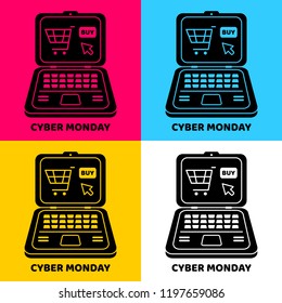 Set Cyber Monday design. Vector laptop computer. Holiday online shopping concept on colorful background isolated. Stock Vector Illustration.