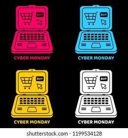 Set Cyber Monday design. Vector colorful laptop computer. Holiday online shopping concept on black background isolated. Stock Vector Illustration.
