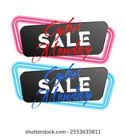 Set of Cyber Monday on geometric neon vector banners. Glossy neon material style. Black Friday Sale labels