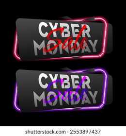 Set of Cyber Monday on geometric neon vector banners. Glossy neon material style. Black Friday Sale labels