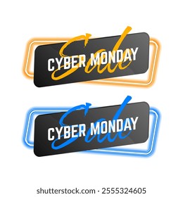 Set of Cyber Monday on geometric neon vector banners. Glossy neon material style. Black Friday Sale labels