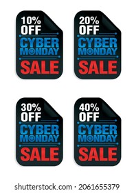 Set of Cyber monday power sale stickers. Cyber Monday sale 10%, 20%, 30%, 40% off. Vector illustration