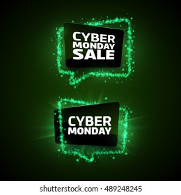 Set von Cyber Monday Werbebanner-Vorlagen. Grüne digitale Blasen aus Sternen und Zahlen auf dunklem Hintergrund.