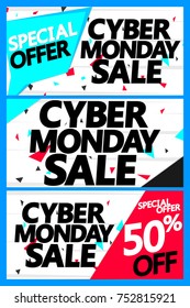 Set Cyber Monday Sale posters, special offer, banners design template, discount 50% off, vector illustration