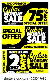 Set Cyber Monday Sale posters, special offer, banners design template, 2 days only discount 75% off, vector illustration
