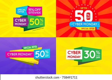 Set of Cyber Monday Sale Signs, Banners, Posters, Cards. Vector.