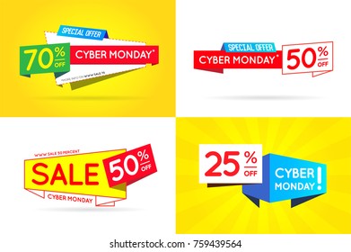 Set of Cyber Monday Sale Signs, Banners, Posters, Cards. Vector.