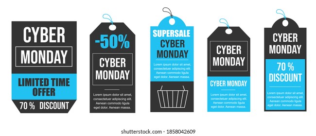 Set of Cyber Monday Sale stickers. Cyber Monday sale. Black and blue sale banner label. Vector illustration.