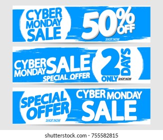 Set Cyber Monday Sale web banners design template, special offer 2 days only 50% off, vector illustration